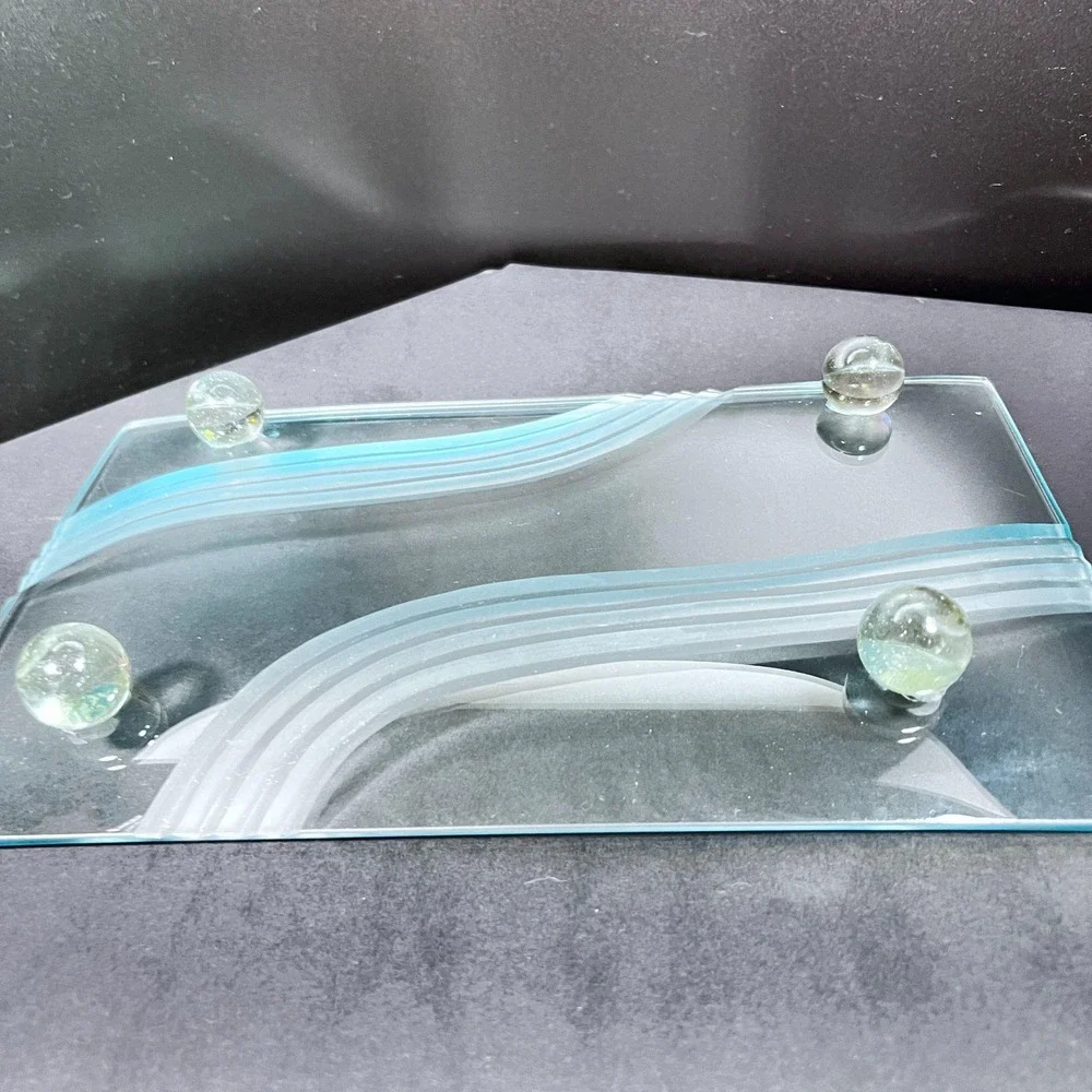 Vintage Concave‎ Art Glass Serving Decor Tray Cut Etched Wavy Lines Ball Feet